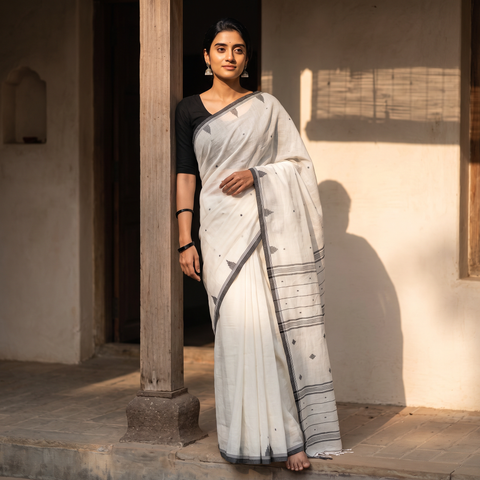 White Phulia Jamdani Pure Handloom Cotton Saree with Tassels (Count 92/40), draped and worn by a woman, AI visual of the saree, iTokri
