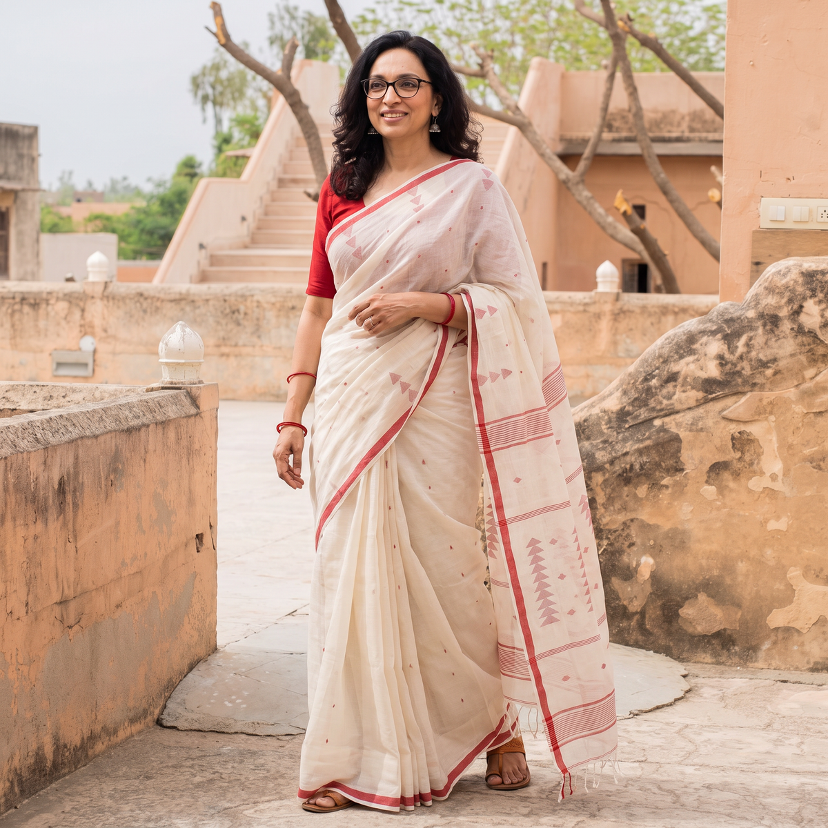 White Phulia Jamdani Pure Handloom Cotton Saree with Tassels (Count 92/40), draped and worn by a woman, AI visual of the saree, iTokri