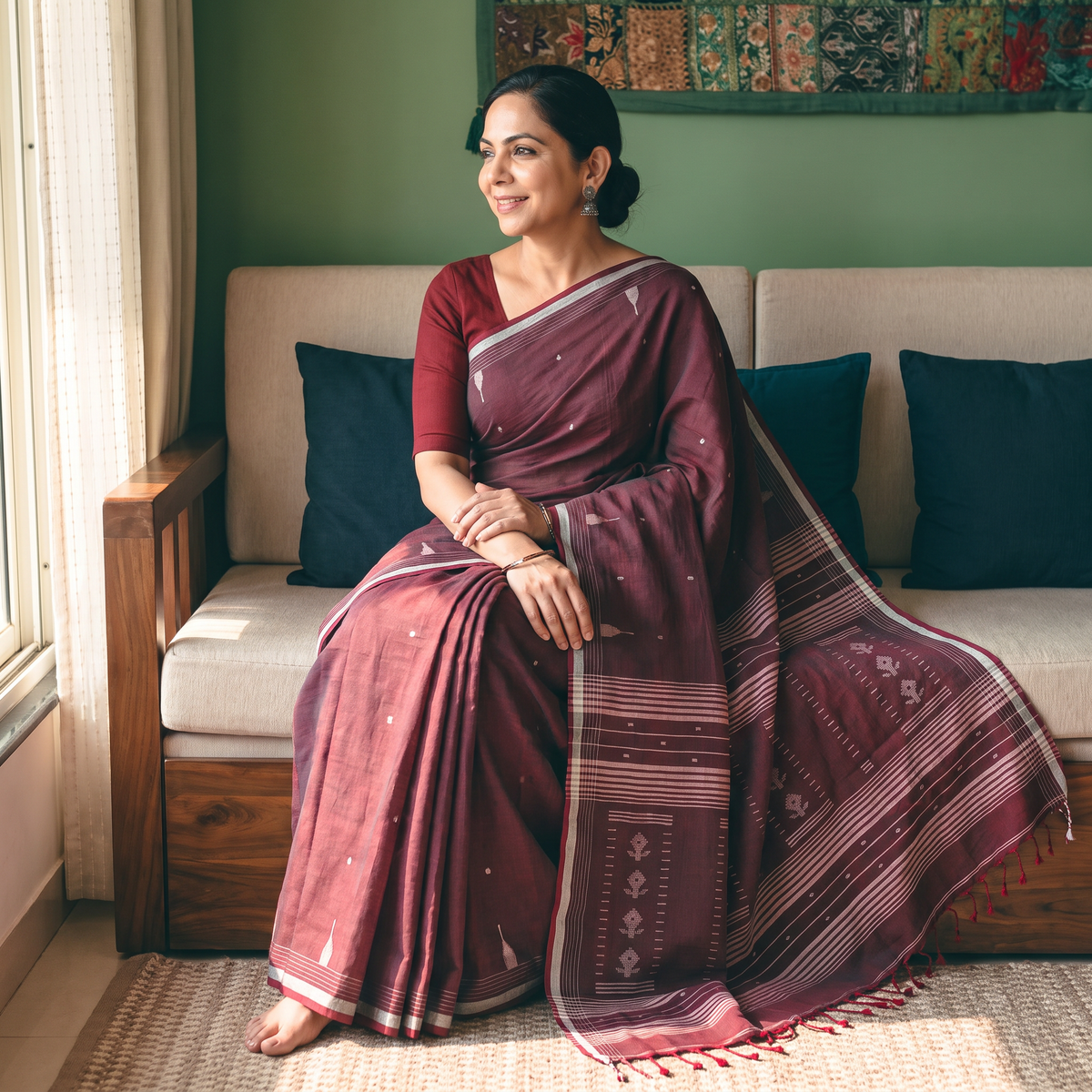 Maroon Phulia Jamdani Pure Handloom Cotton Saree with Tassels (Count 92/60), draped and worn by a woman, AI visual of the saree, iTokri