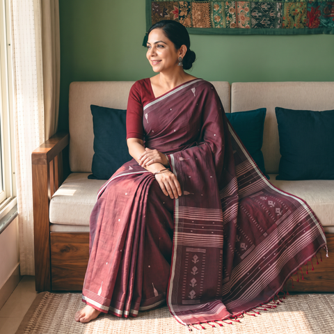 Maroon Phulia Jamdani Pure Handloom Cotton Saree with Tassels (Count 92/60), draped and worn by a woman, AI visual of the saree, iTokri