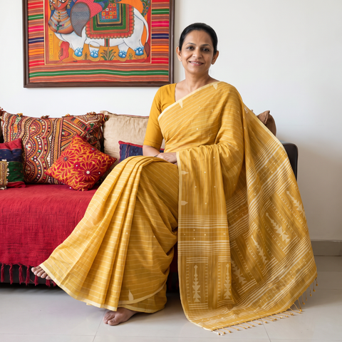 Yellow Phulia Jamdani Pure Handloom Cotton Saree with Tassels (Count 92/60), draped and worn by a woman, AI visual of the saree, iTokri