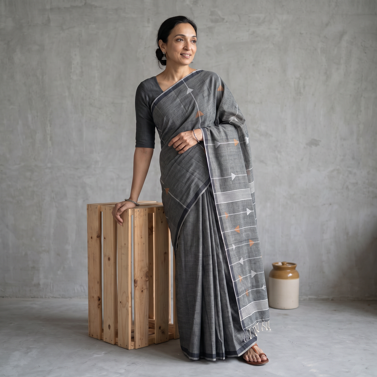 Grey Phulia Jamdani Pure Handloom Cotton Saree with Tassels (Count 92/60), draped and worn by a woman, AI visual of the saree, iTokri