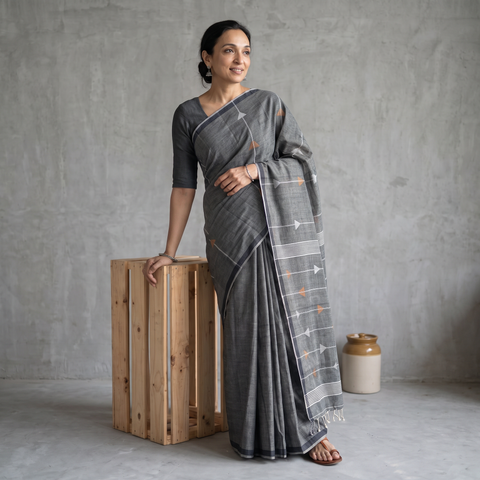 Grey Phulia Jamdani Pure Handloom Cotton Saree with Tassels (Count 92/60), draped and worn by a woman, AI visual of the saree, iTokri