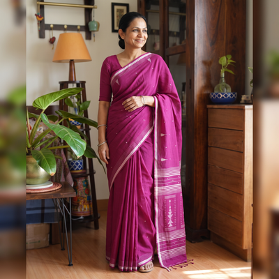Pink Phulia Jamdani Pure Handloom Cotton Saree with Tassels (Count 92/60), draped and worn by a woman, AI visual of the saree, iTokri