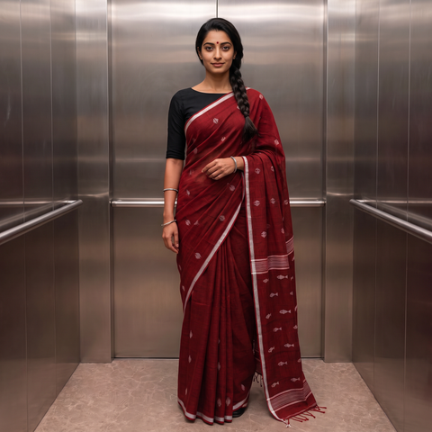 Maroon Phulia Jamdani Pure Handloom Cotton Saree with Tassels (Count 92/60), draped and worn by a woman, AI visual of the saree, iTokri