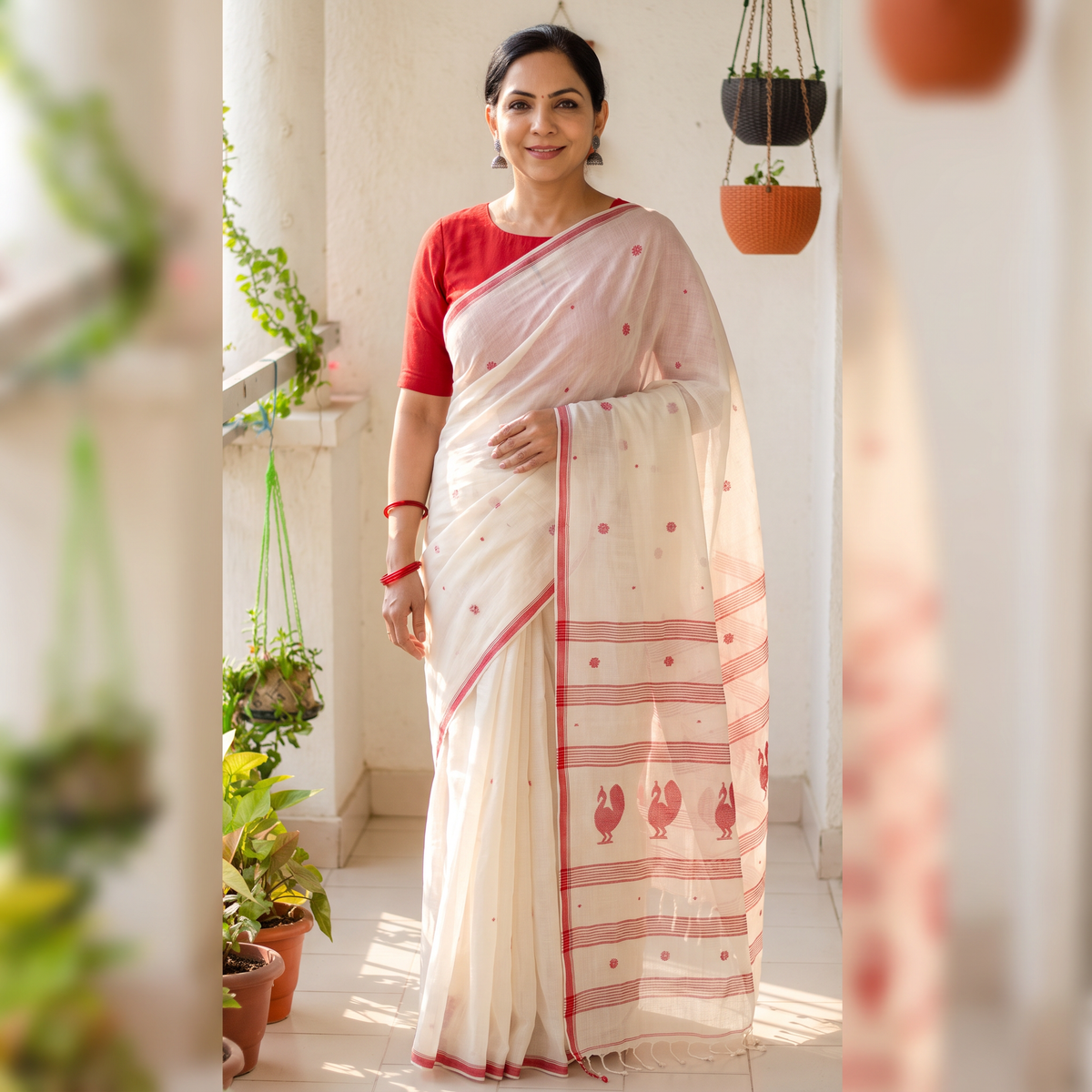 White Phulia Jamdani Pure Handloom Cotton Saree with Tassels (Count 92/60), draped and worn by a woman, AI visual of the saree, iTokri