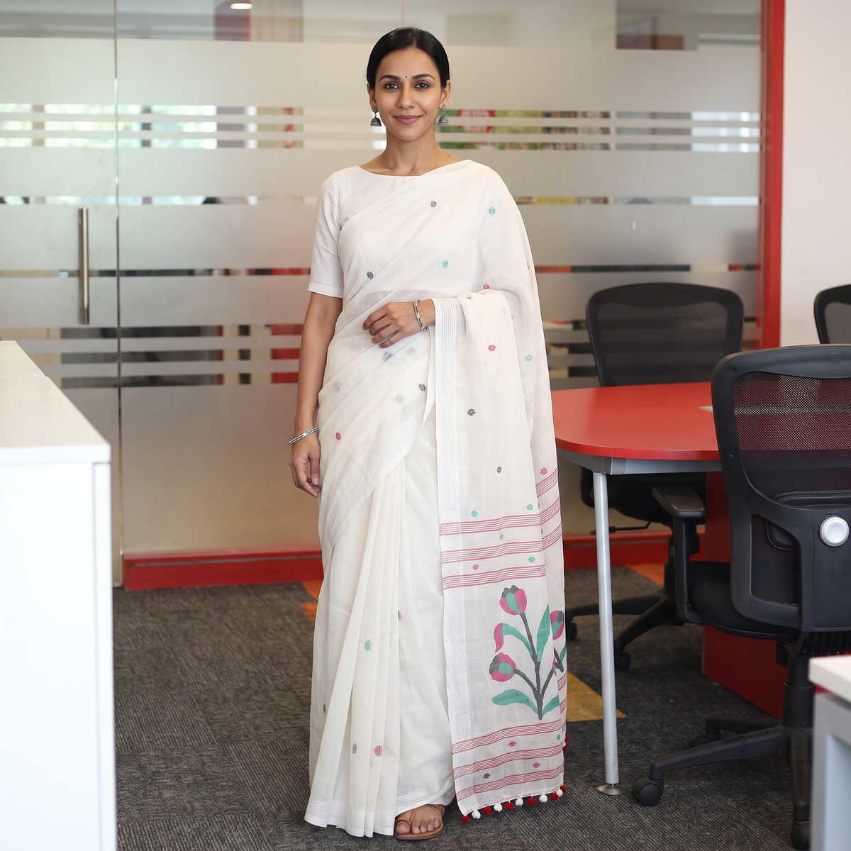 White Phulia Jamdani Pure Handloom Cotton Saree with Tassels (Count 92/84), draped and worn by a woman, AI visual of the saree, iTokri