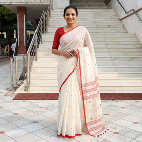 White Phulia Jamdani Pure Handloom Cotton Saree with Tassels (Count 92/84), draped and worn by a woman, AI visual of the saree, iTokri