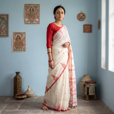 White Phulia Jamdani Pure Handloom Cotton Saree with Tassels (Count 92/84), draped and worn by a woman, AI visual of the saree, iTokri
