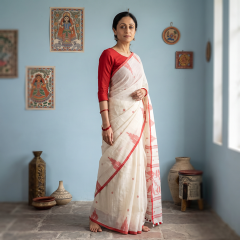 White Phulia Jamdani Pure Handloom Cotton Saree with Tassels (Count 92/84), draped and worn by a woman, AI visual of the saree, iTokri