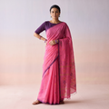 Pink Phulia Jamdani Pure Handloom Cotton Saree with Tassels (Count 92/84), draped and worn by a woman, AI visual of the saree, iTokri