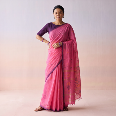 Pink Phulia Jamdani Pure Handloom Cotton Saree with Tassels (Count 92/84), draped and worn by a woman, AI visual of the saree, iTokri