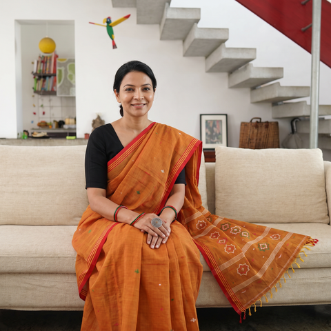 Yellow Phulia Jamdani Pure Handloom Cotton Saree with Tassels (Count 92/84), draped and worn by a woman, AI visual of the saree, iTokri