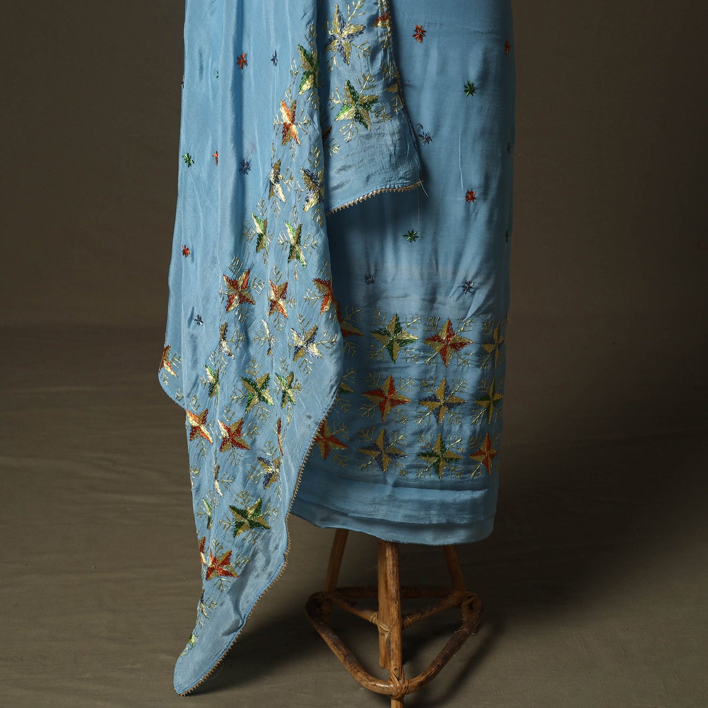 Phulkari hand embroidered crepe silk 3pc unstitched dress