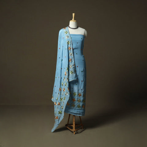 Phulkari hand embroidered crepe silk 3pc unstitched dress