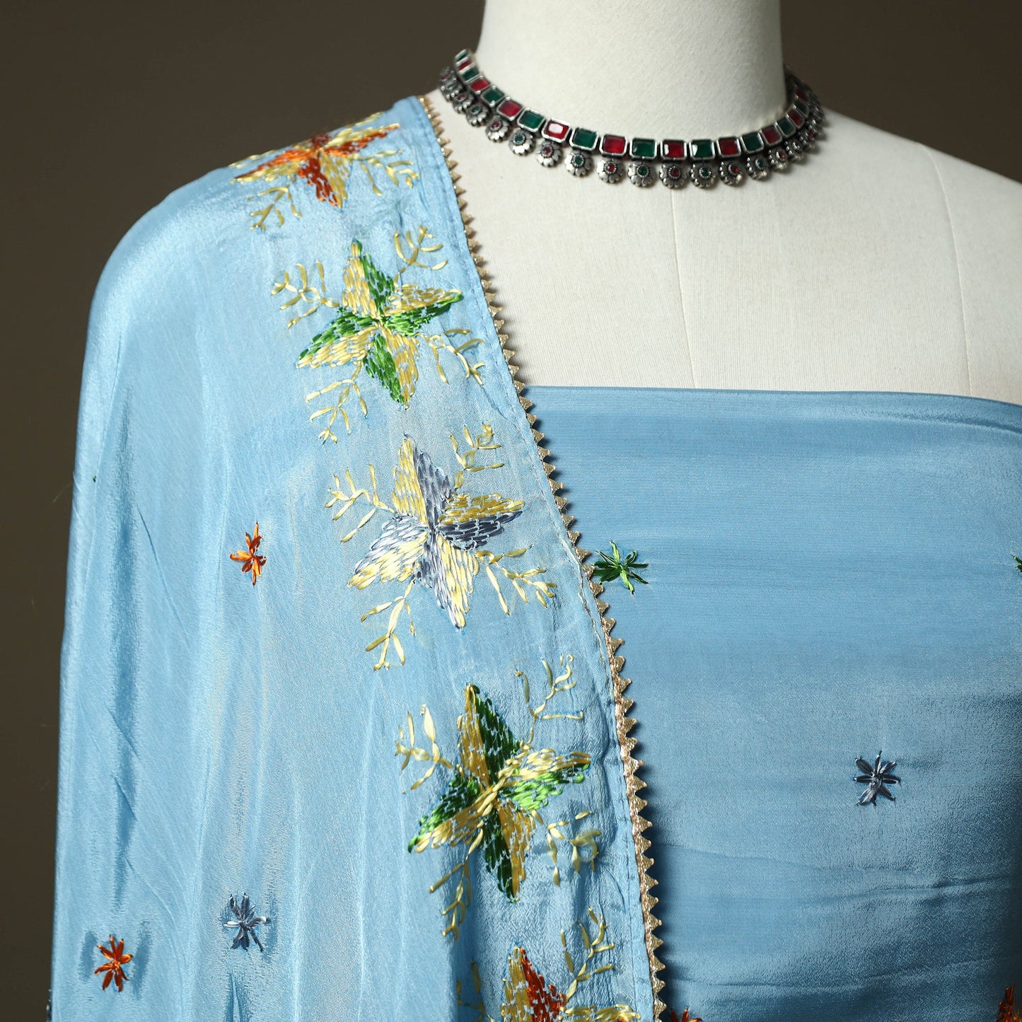 Phulkari hand embroidered crepe silk 3pc unstitched dress