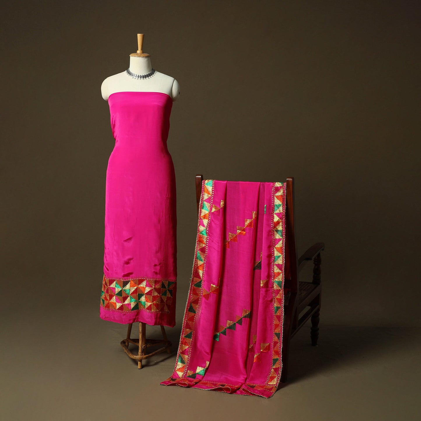 Phulkari hand embroidered crepe silk 3pc unstitched dress