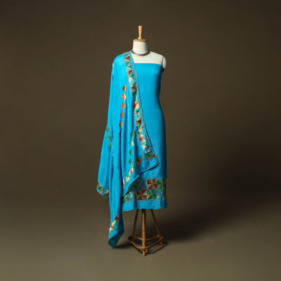 Phulkari hand embroidered crepe silk 3pc unstitched dress