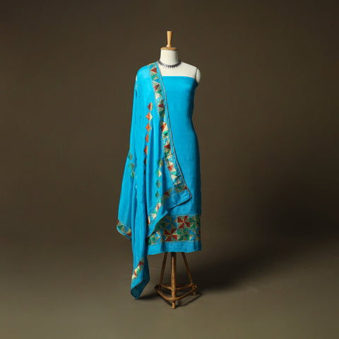 Phulkari hand embroidered crepe silk 3pc unstitched dress