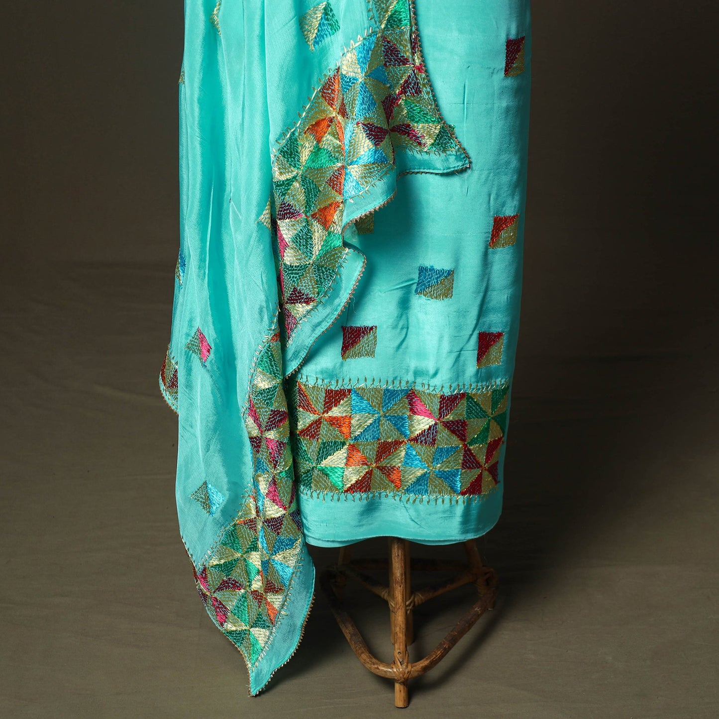 Phulkari hand embroidered crepe silk 3pc unstitched dress