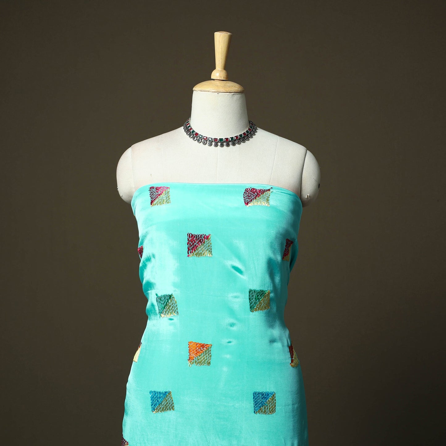 Phulkari hand embroidered crepe silk 3pc unstitched dress