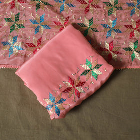 Phulkari hand embroidered crepe silk 3pc unstitched dress