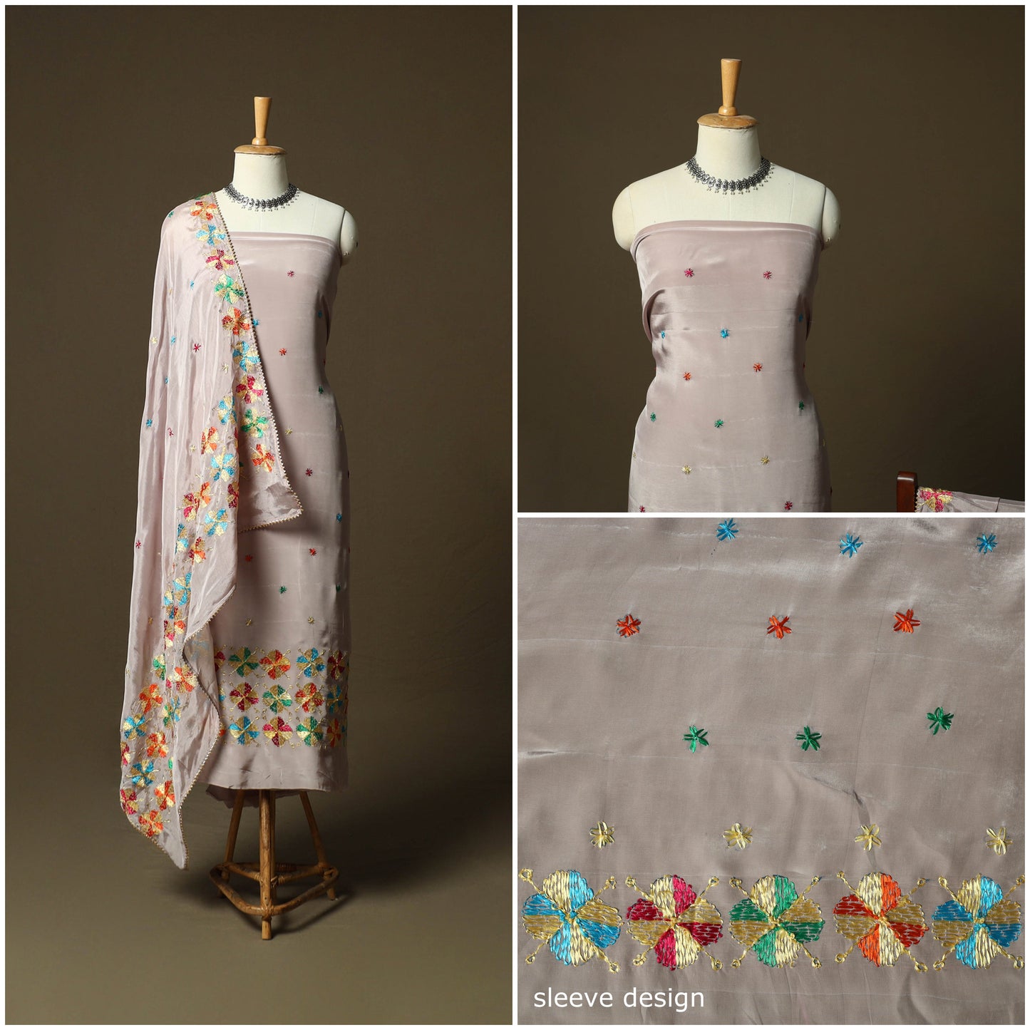 Phulkari hand embroidered crepe silk 3pc unstitched dress