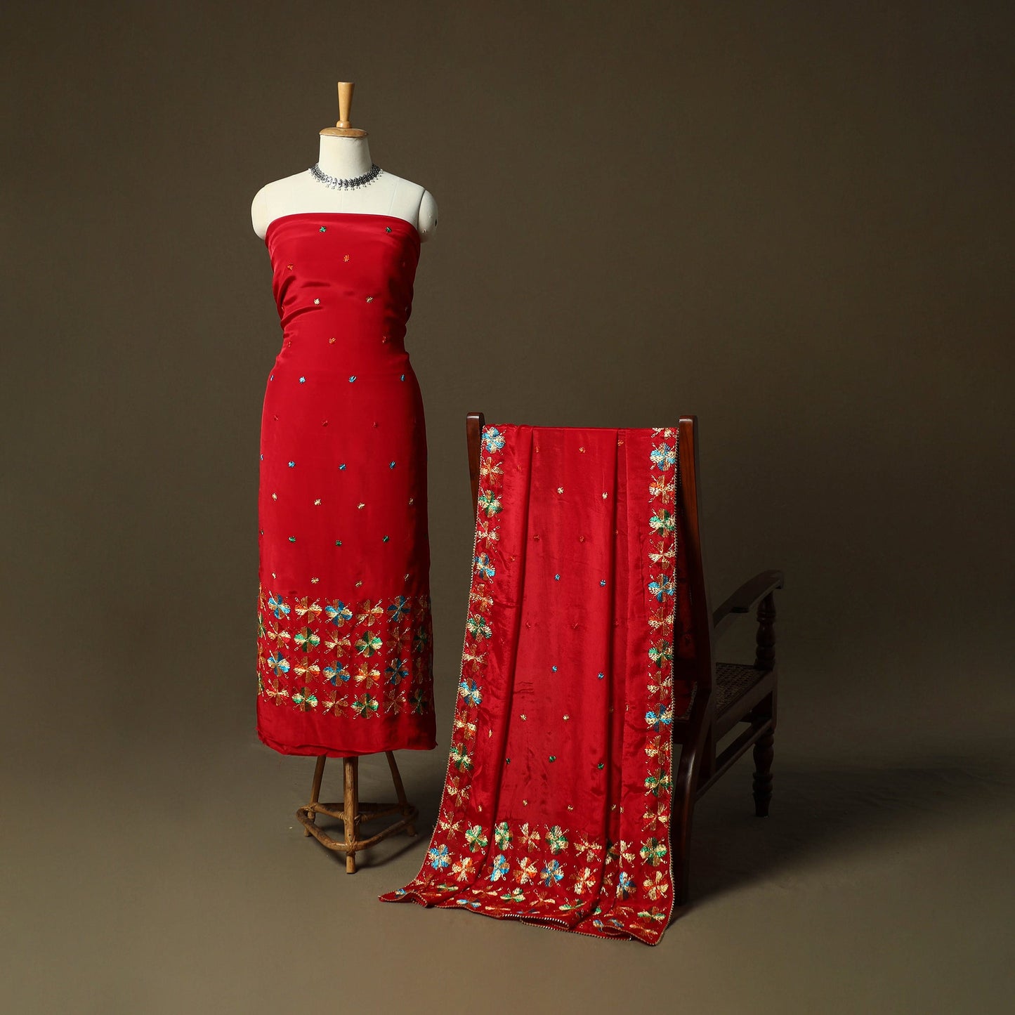 Phulkari hand embroidered crepe silk 3pc unstitched dress