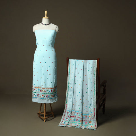 Phulkari hand embroidered crepe silk 3pc unstitched dress