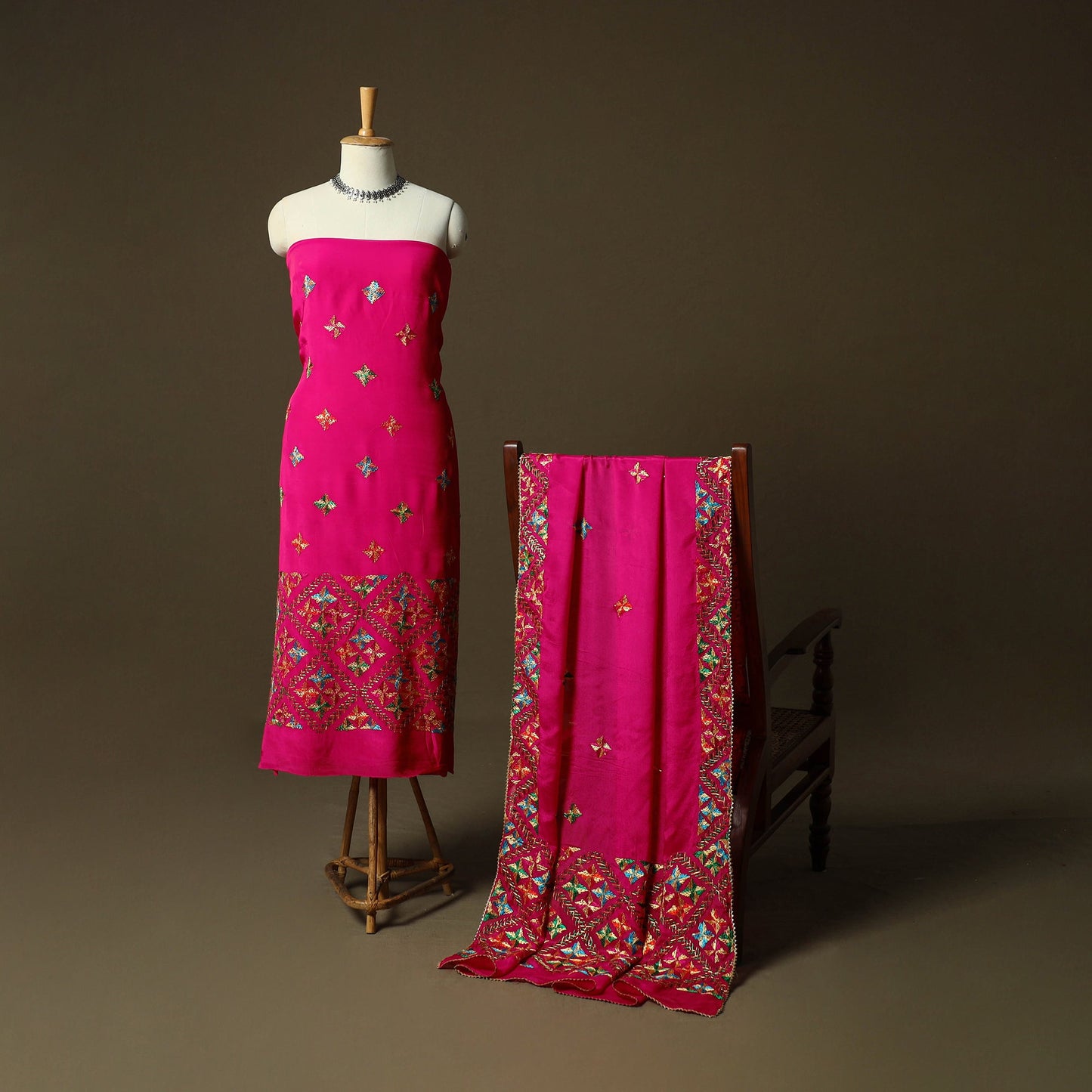 Phulkari hand embroidered crepe silk 3pc unstitched dress