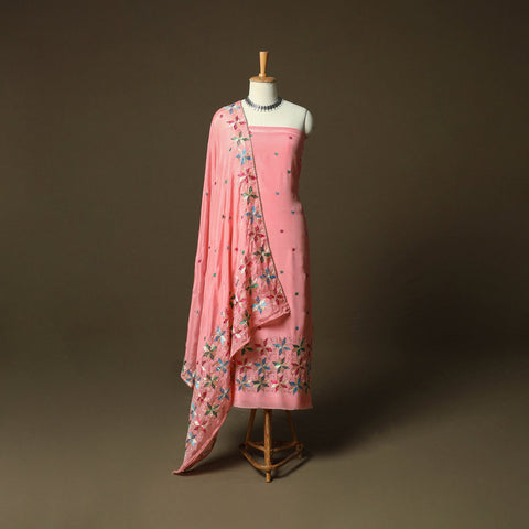 Phulkari hand embroidered crepe silk 3pc unstitched dress