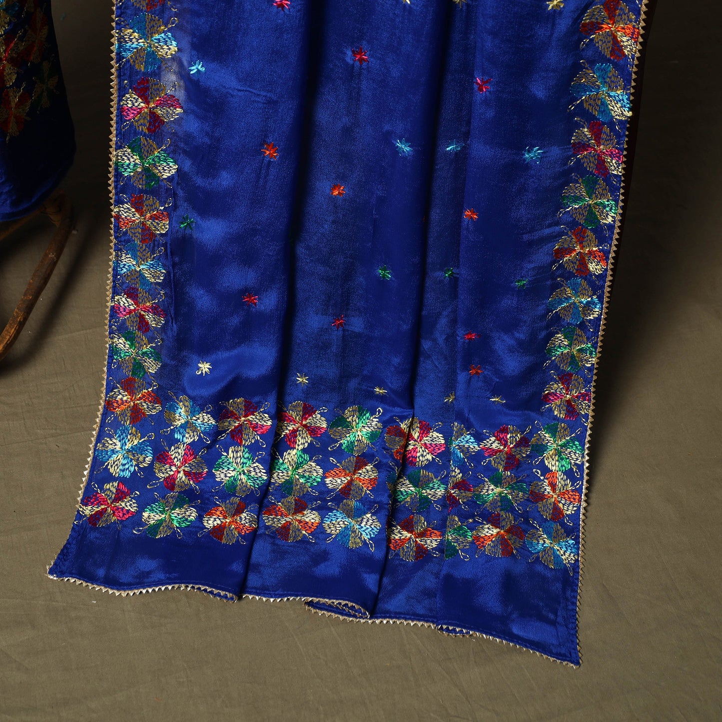 Phulkari hand embroidered crepe silk 3pc unstitched dress