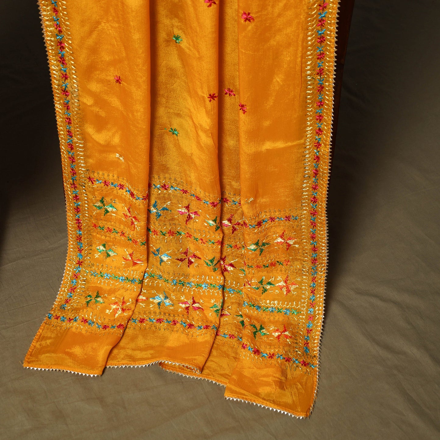 Phulkari hand embroidered crepe silk 3pc unstitched dress