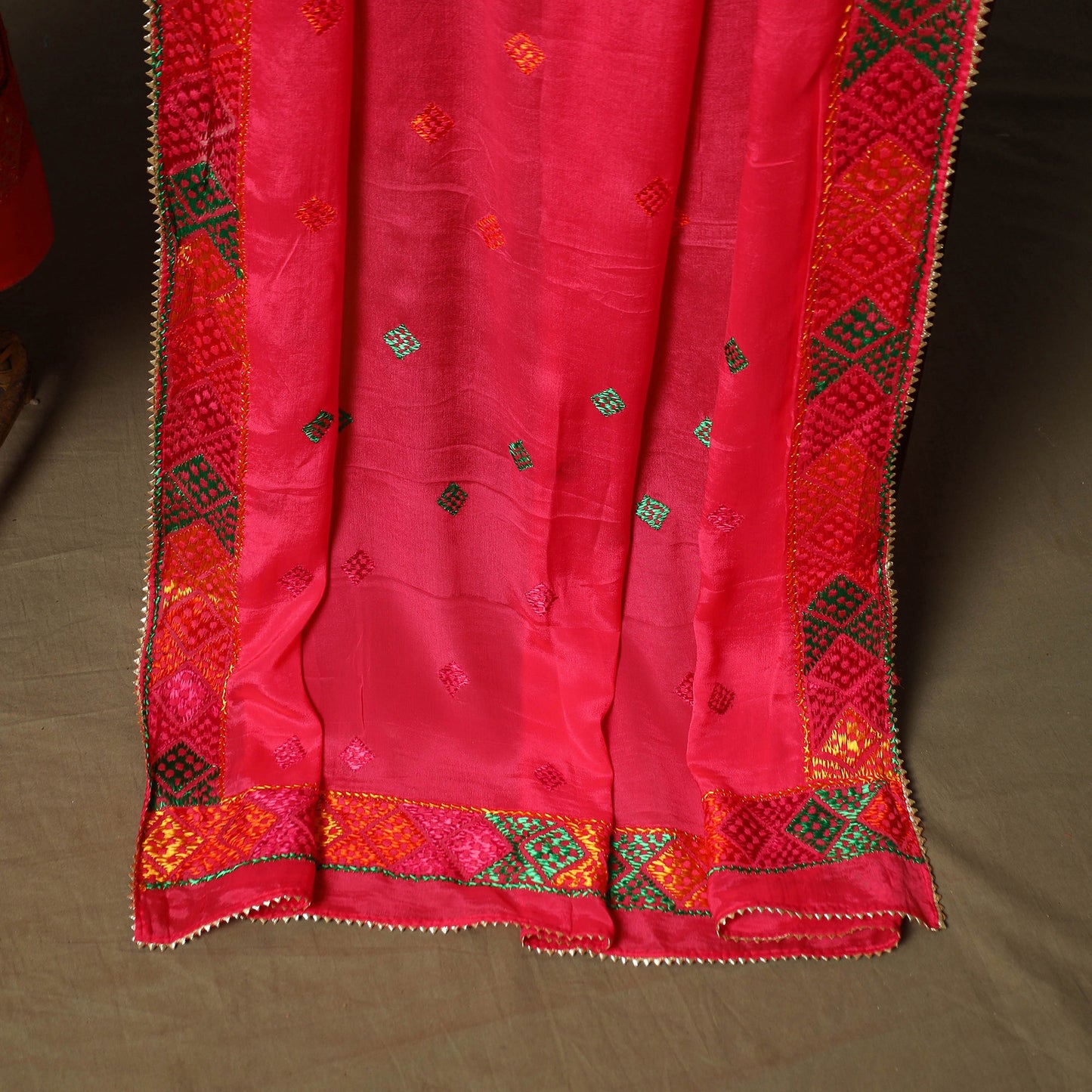 Phulkari hand embroidered crepe silk 3pc unstitched dress