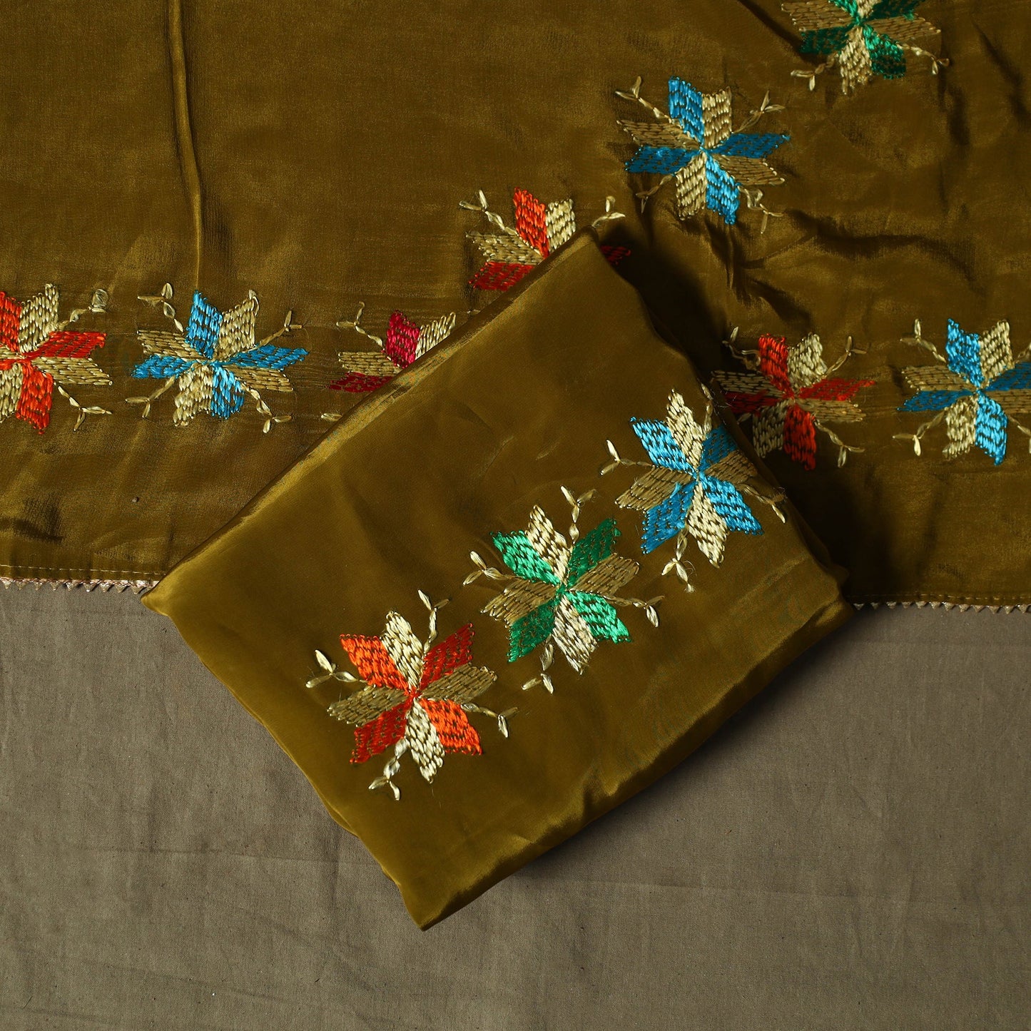 Phulkari hand embroidered crepe silk 3pc unstitched dress