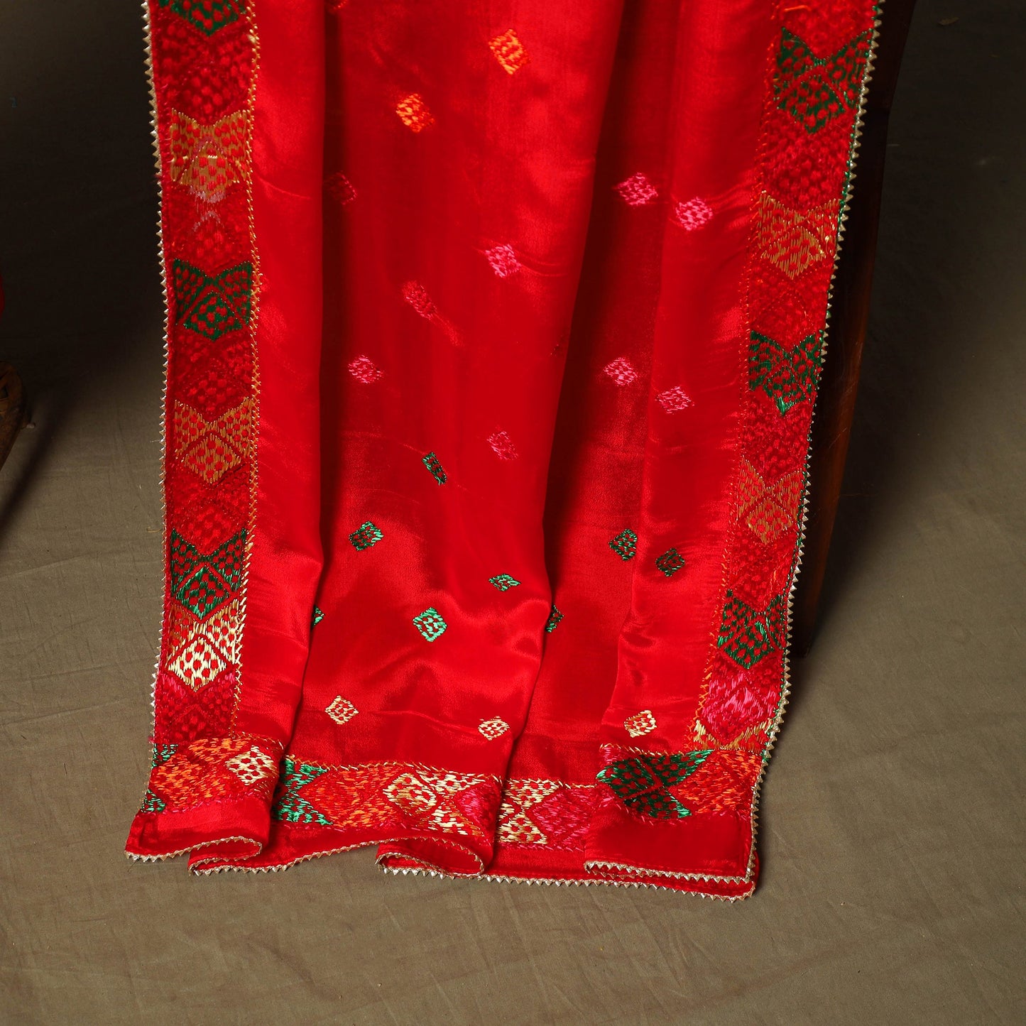Phulkari hand embroidered crepe silk 3pc unstitched dress