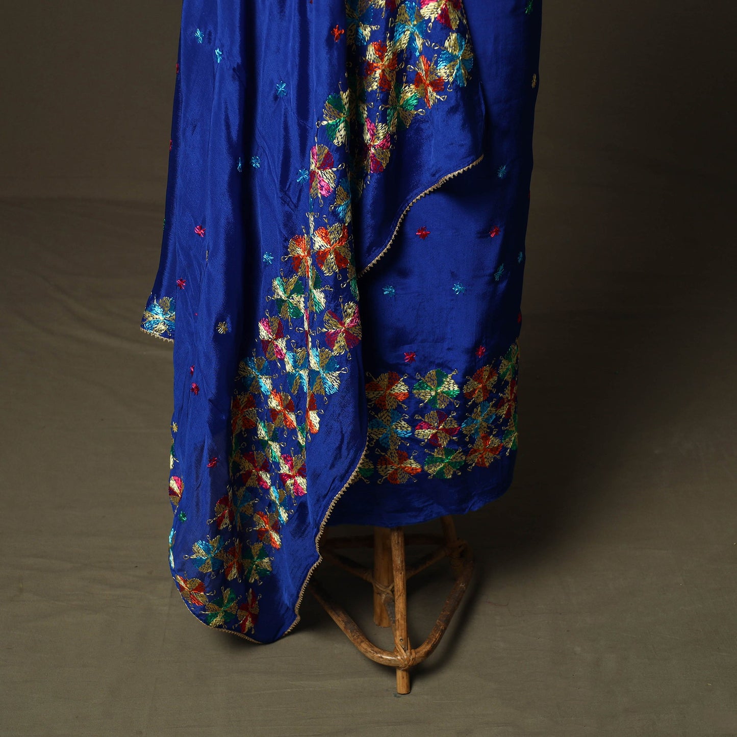 Phulkari hand embroidered crepe silk 3pc unstitched dress