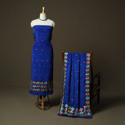Phulkari hand embroidered crepe silk 3pc unstitched dress