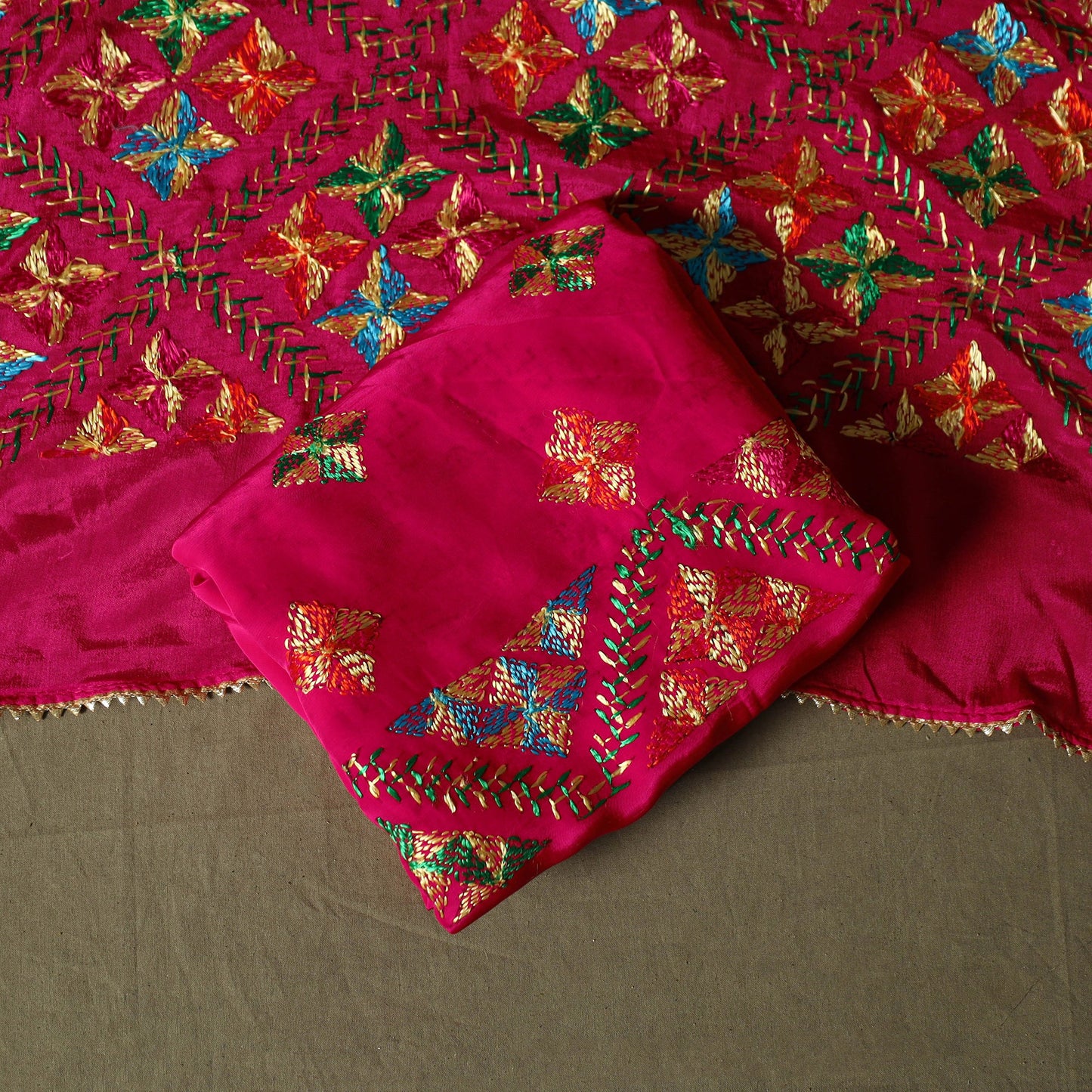 Phulkari hand embroidered crepe silk 3pc unstitched dress