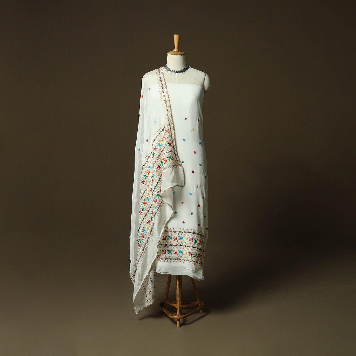 Phulkari hand embroidered crepe silk 3pc unstitched dress