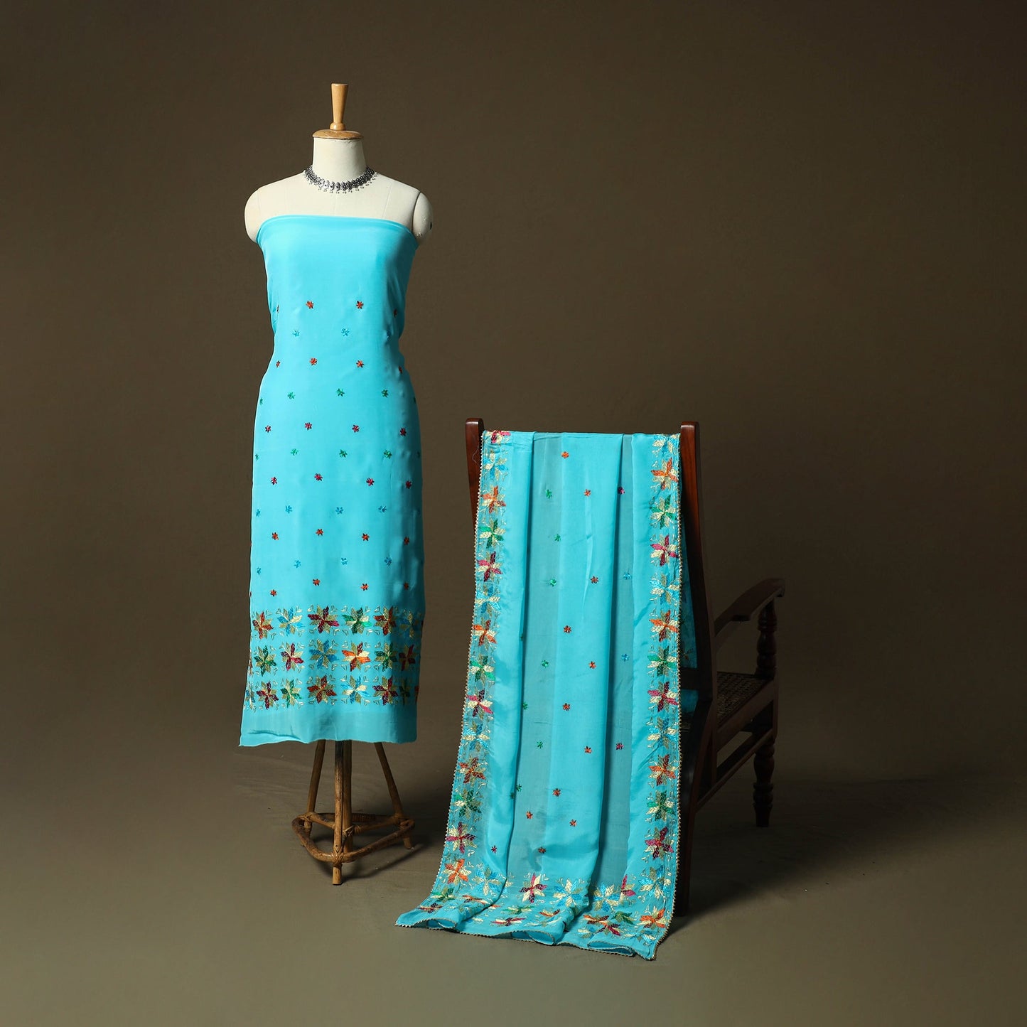 Phulkari hand embroidered crepe silk 3pc unstitched dress