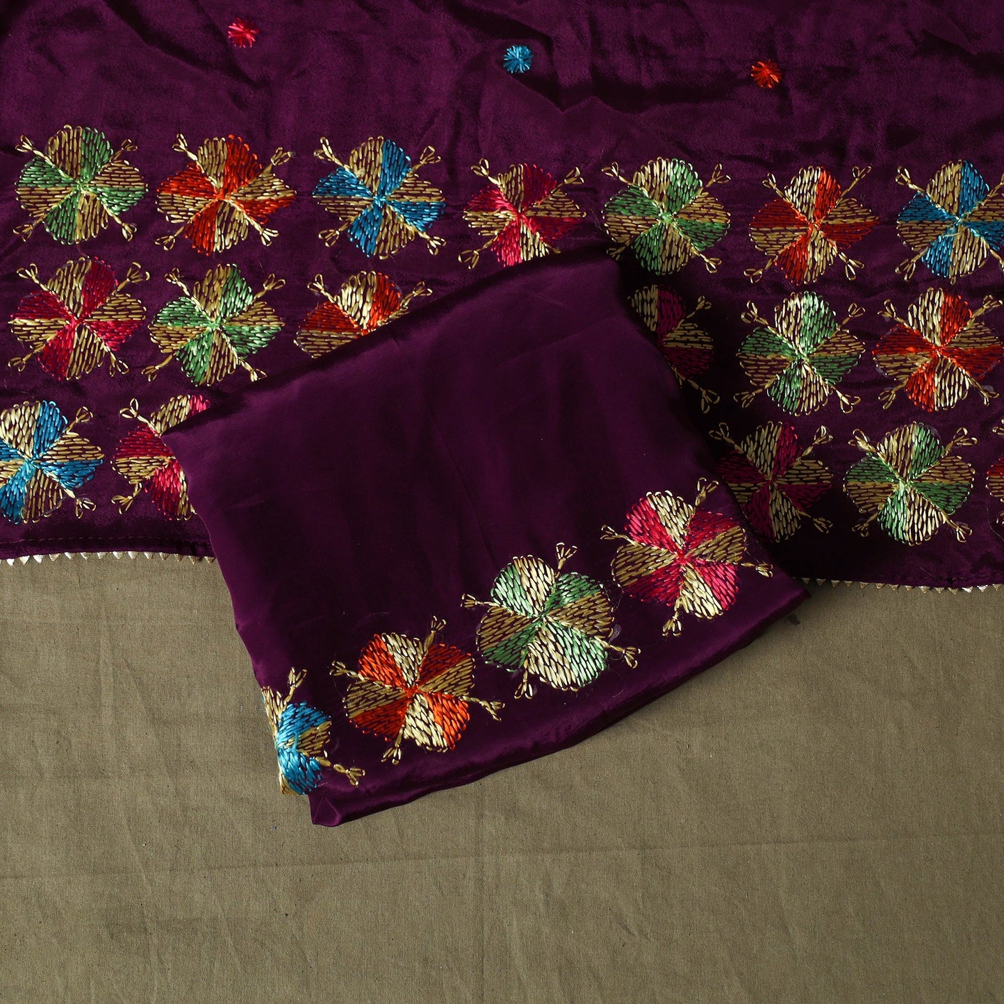 Phulkari hand embroidered crepe silk 3pc unstitched dress