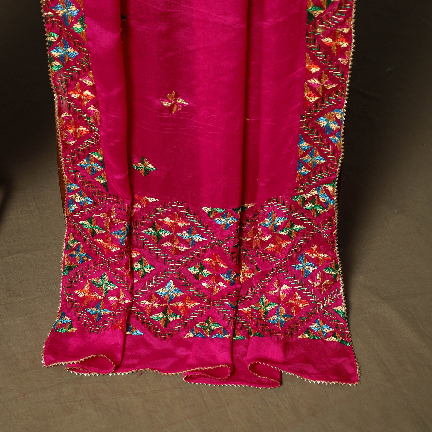 Phulkari hand embroidered crepe silk 3pc unstitched dress