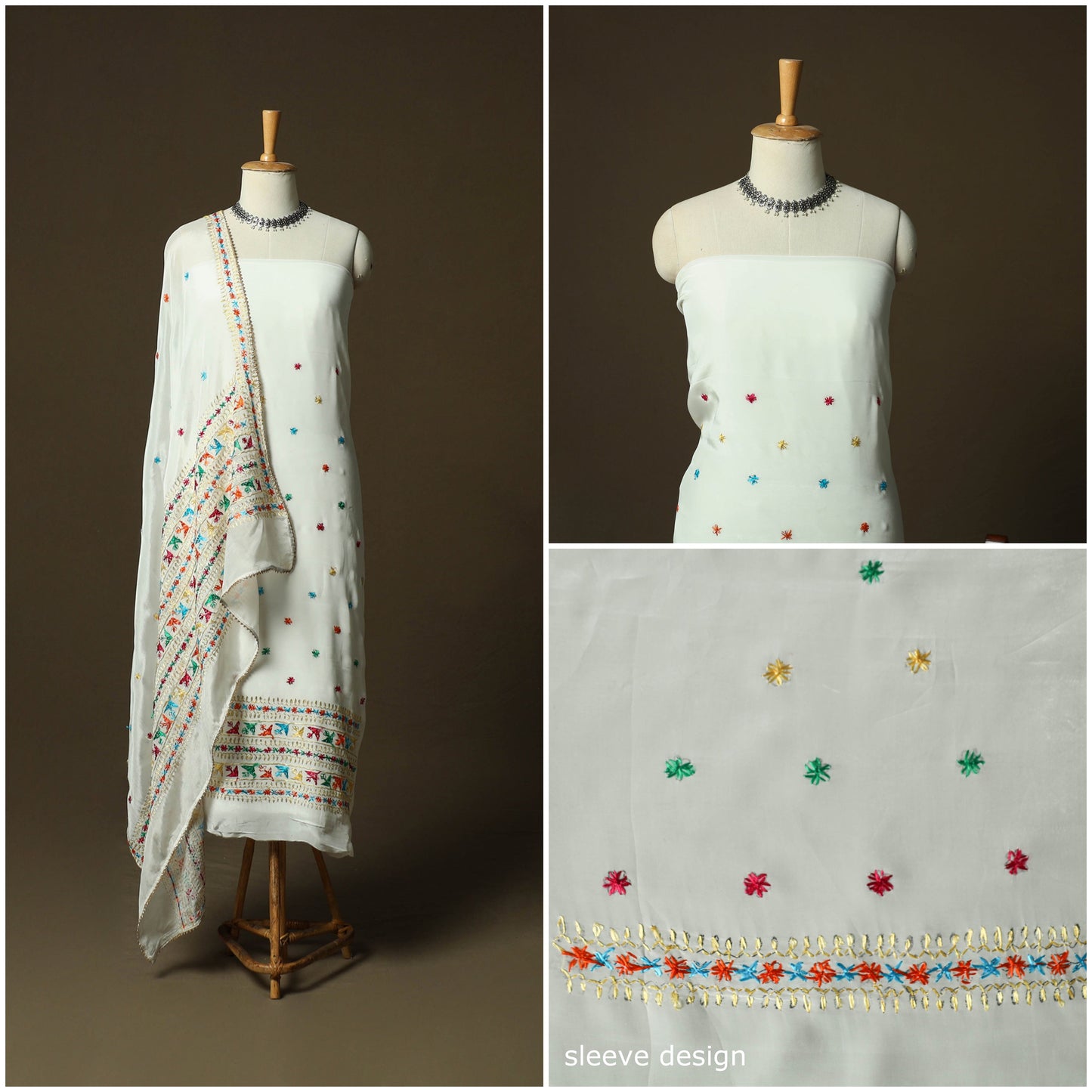 Phulkari hand embroidered crepe silk 3pc unstitched dress