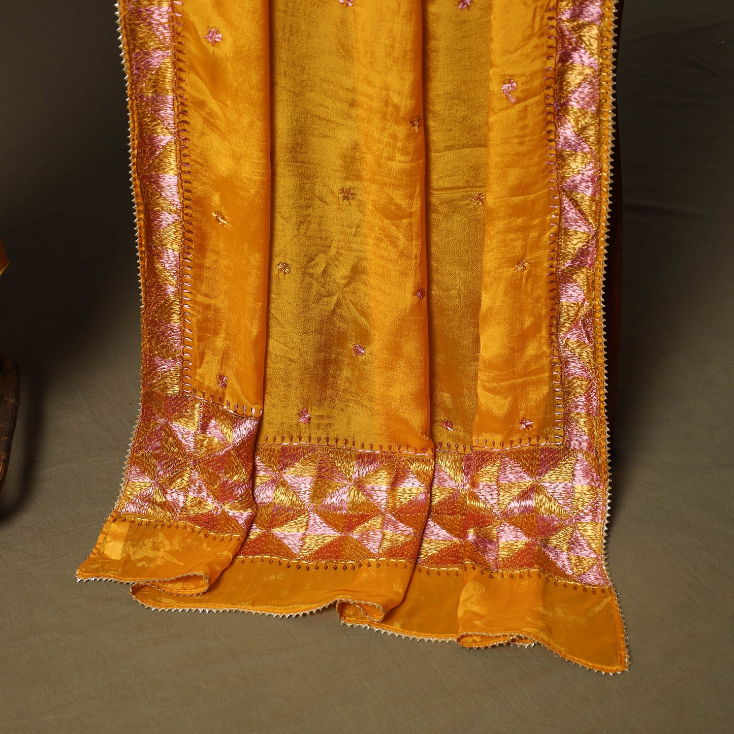 Phulkari hand embroidered crepe silk 3pc unstitched dress