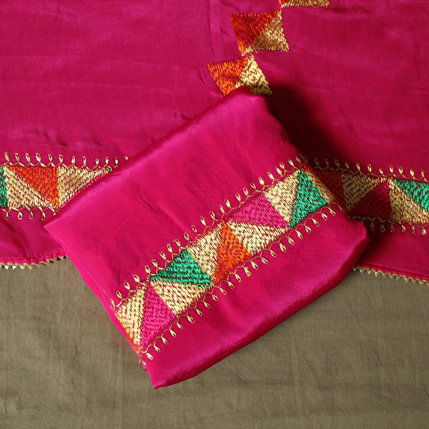 Phulkari hand embroidered crepe silk 3pc unstitched dress