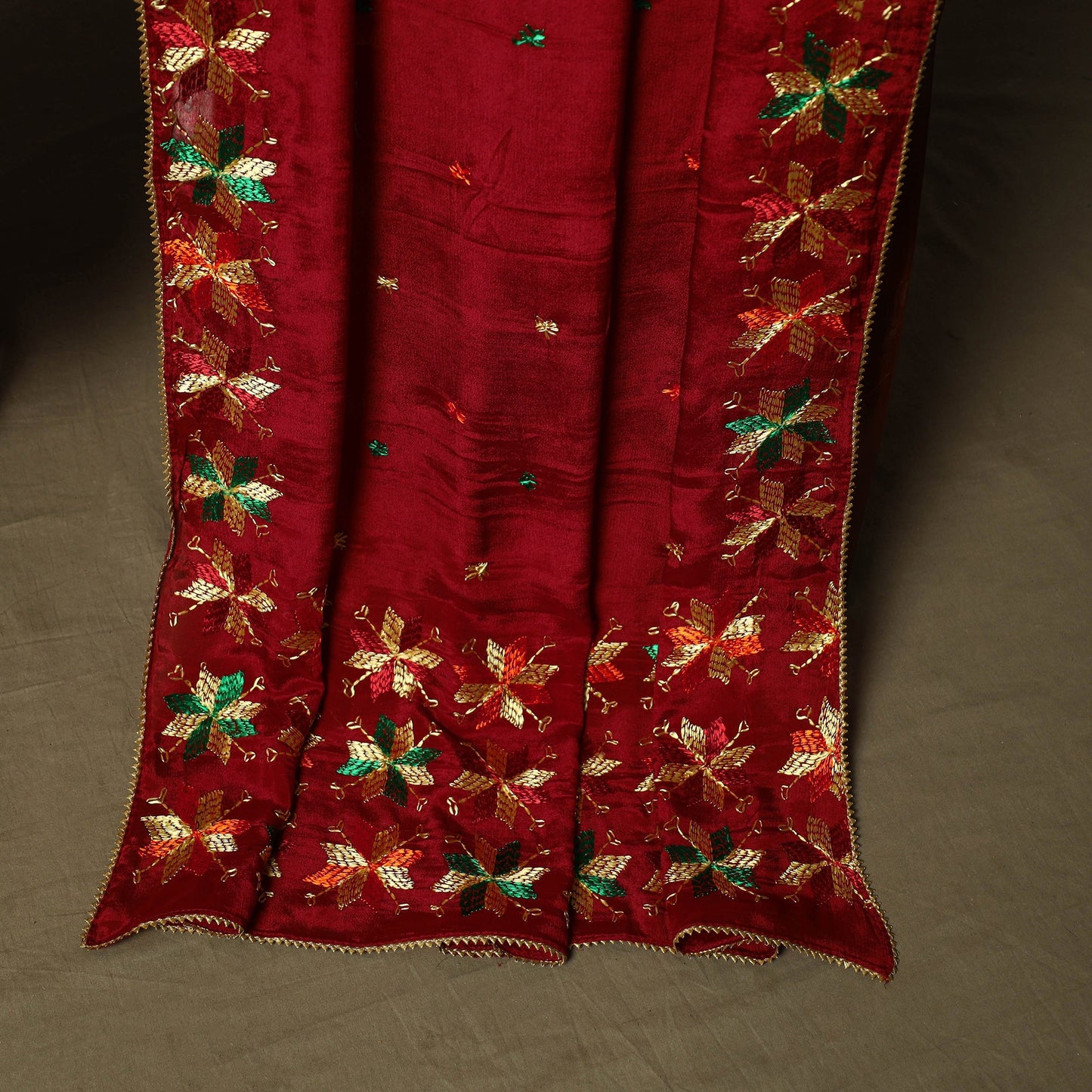 Phulkari hand embroidered crepe silk 3pc unstitched dress