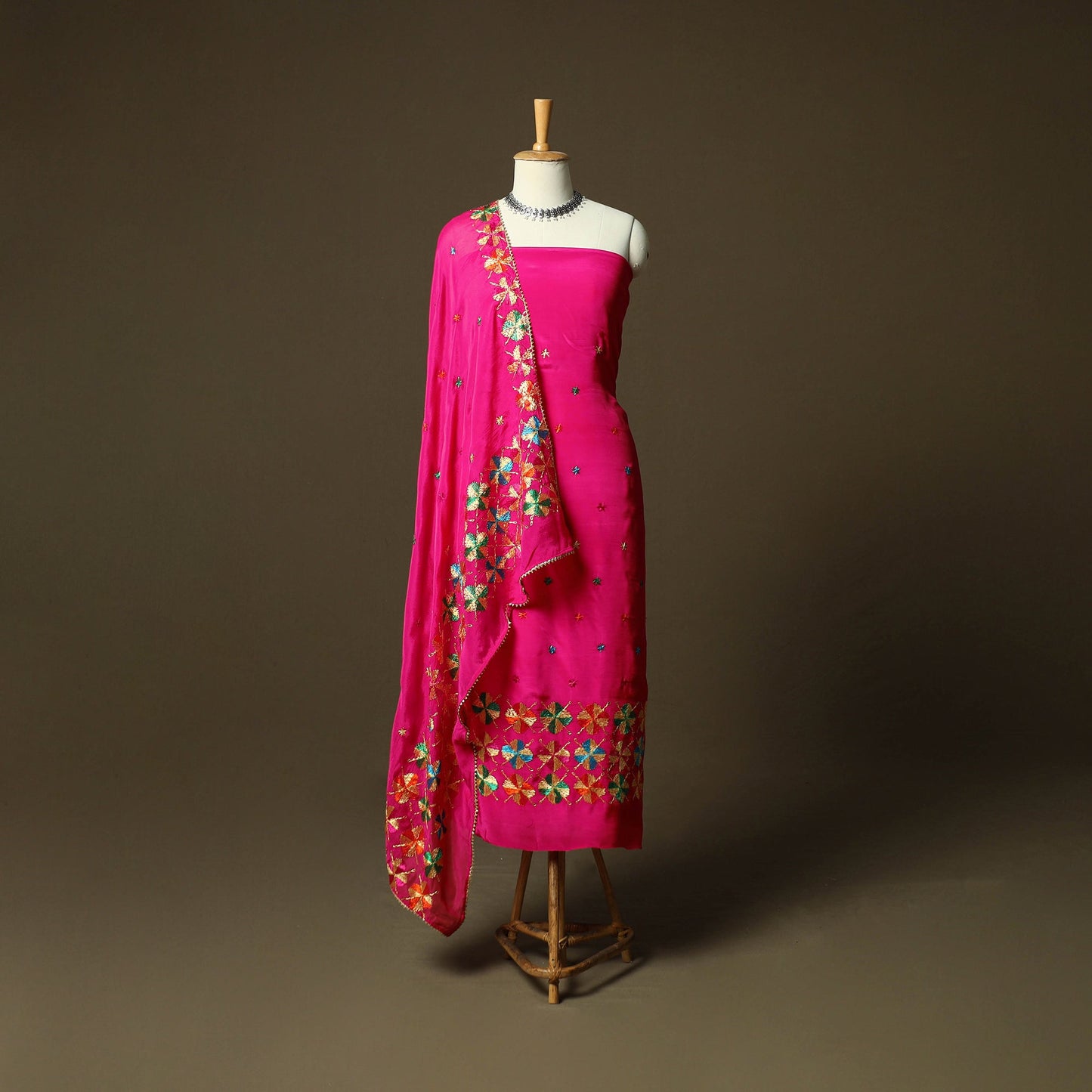 Phulkari hand embroidered crepe silk 3pc unstitched dress
