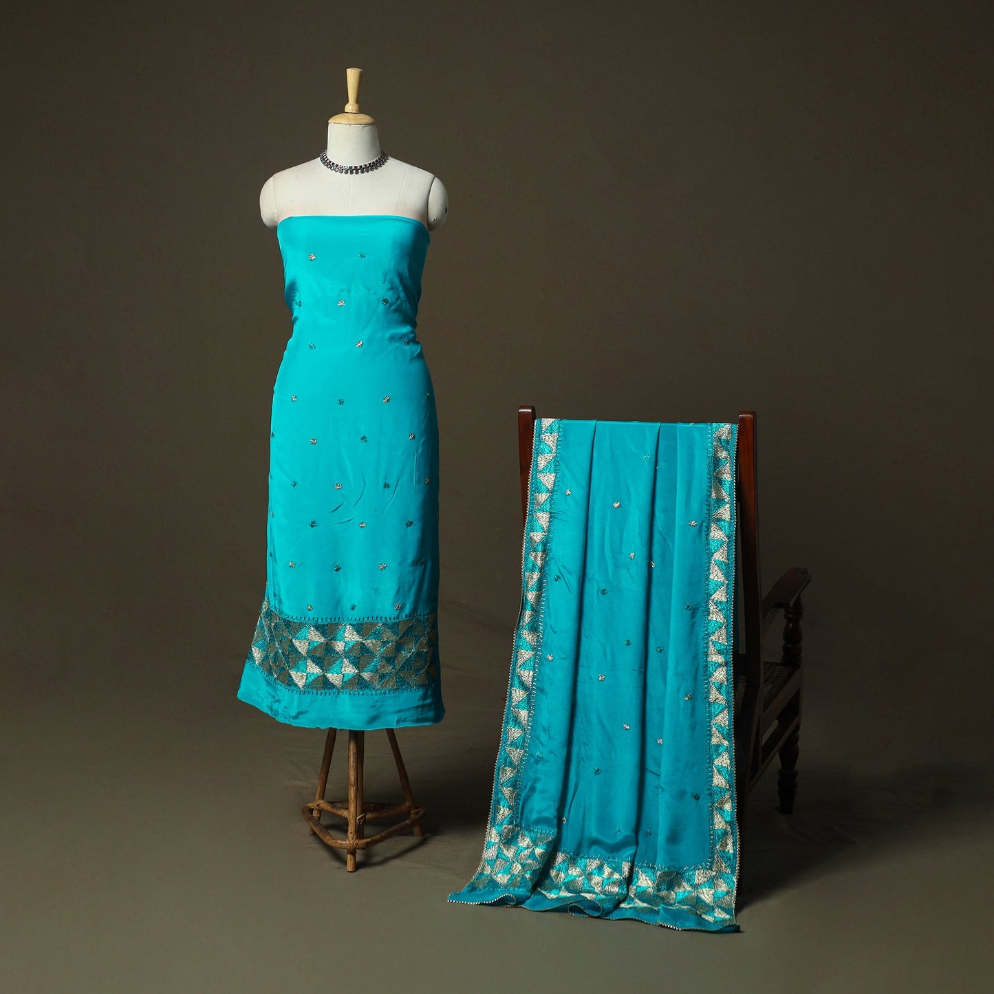 Phulkari hand embroidered crepe silk 3pc unstitched dress