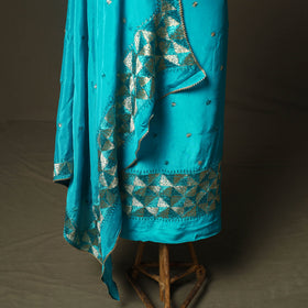 Phulkari hand embroidered crepe silk 3pc unstitched dress